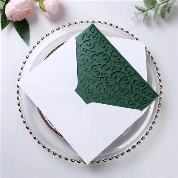 5.12 x 7.2 Emerald Green Invitation Cards, Trifold laser cut invitations Wedding - Picture 6 of 6